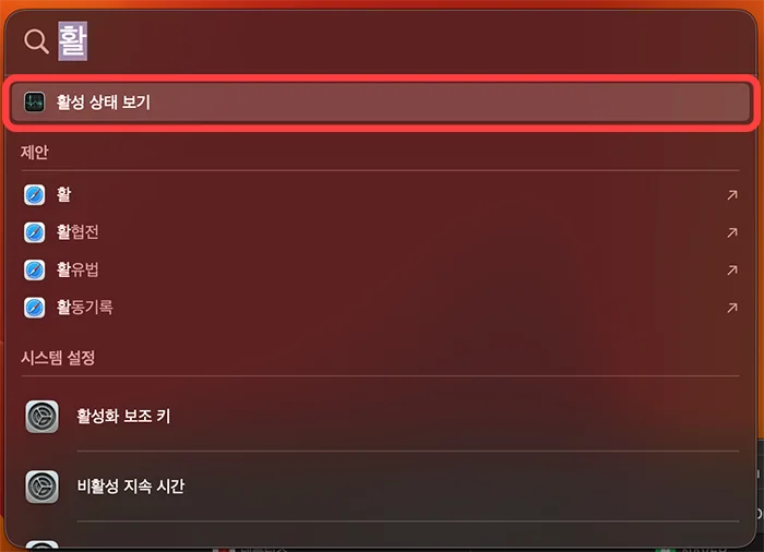 맥북에서 스팟라이트에서 활성 상태 보기 검색한 모습