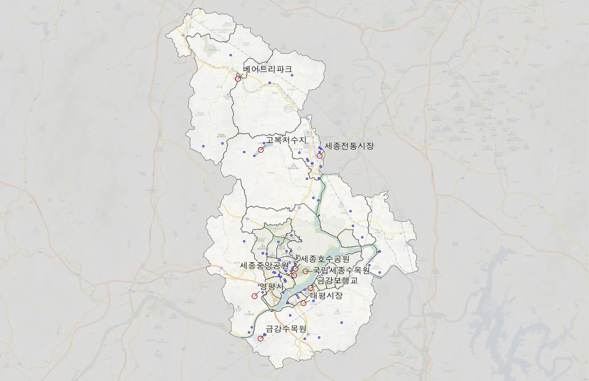 세종 관광지 상위 100곳 위치도