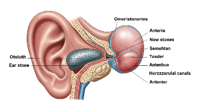 사람의 내이(inner ear)를 정밀하게 해부학적으로 표현한 의료 일러스트. 이석(otolith)과 세 개의 반고리관(수평반고리관, 후반고리관, 전반고리관)