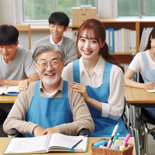 장애인 평생교육 혜택을 받으며 기뻐하는 장애인과 자원봉사자