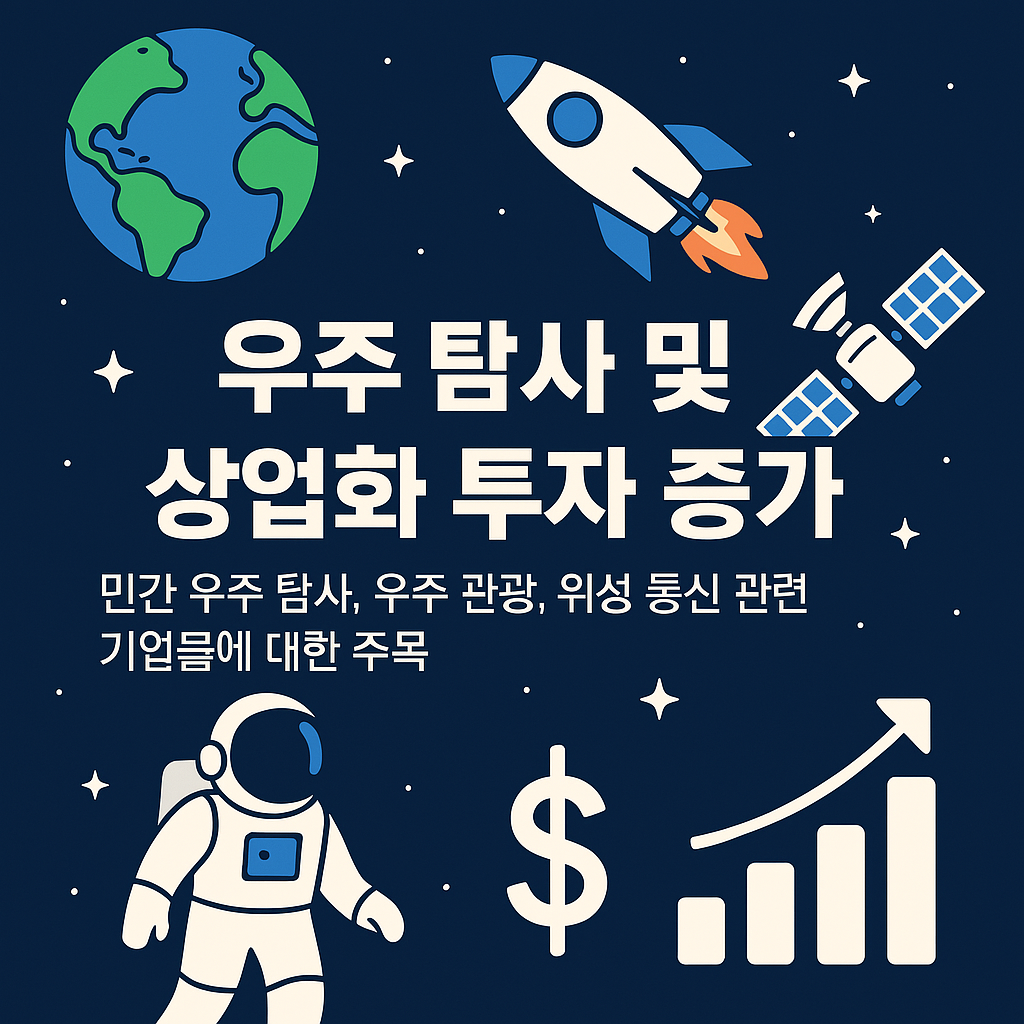 우주 탐사와 상업화 투자를 상징하는 디지털 일러스트레이션: 로켓 발사와 우주선이 행성을 향해 비행하는 역동적인 이미지