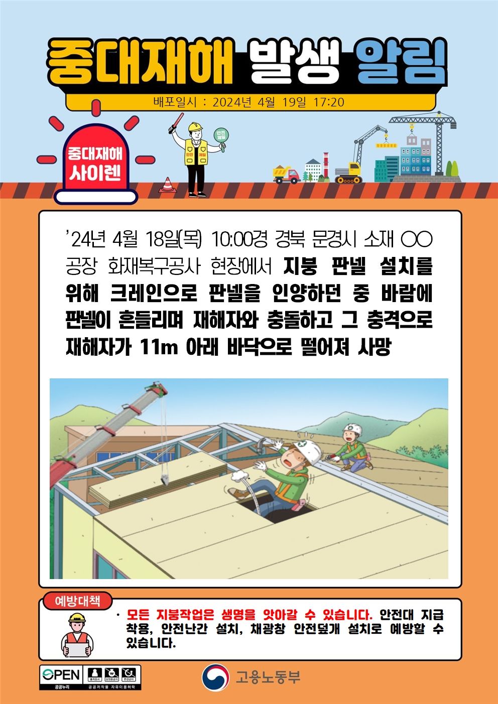 크레인으로 판넬을 인양하던 중 바람에 판넬이 흔들리며 충돌