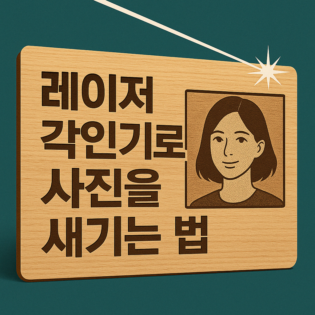 레이저 각인기로 사진을 새기는 방법을 소개하는 블로그용 썸네일 이미지. 짙은 배경 위에 광택 있는 금속 판에 각인된 인물 사진이 흐릿하게 배경에 표현되어 있고, 전면에는 굵은 흰색 한글 텍스트로 “레이저 각인으로 사진 새기기 완벽 가이드”라는 문구가 중앙 정렬로 배치되어 있다. 감성적이면서도 기술적인 분위기를 동시에 전달한다.