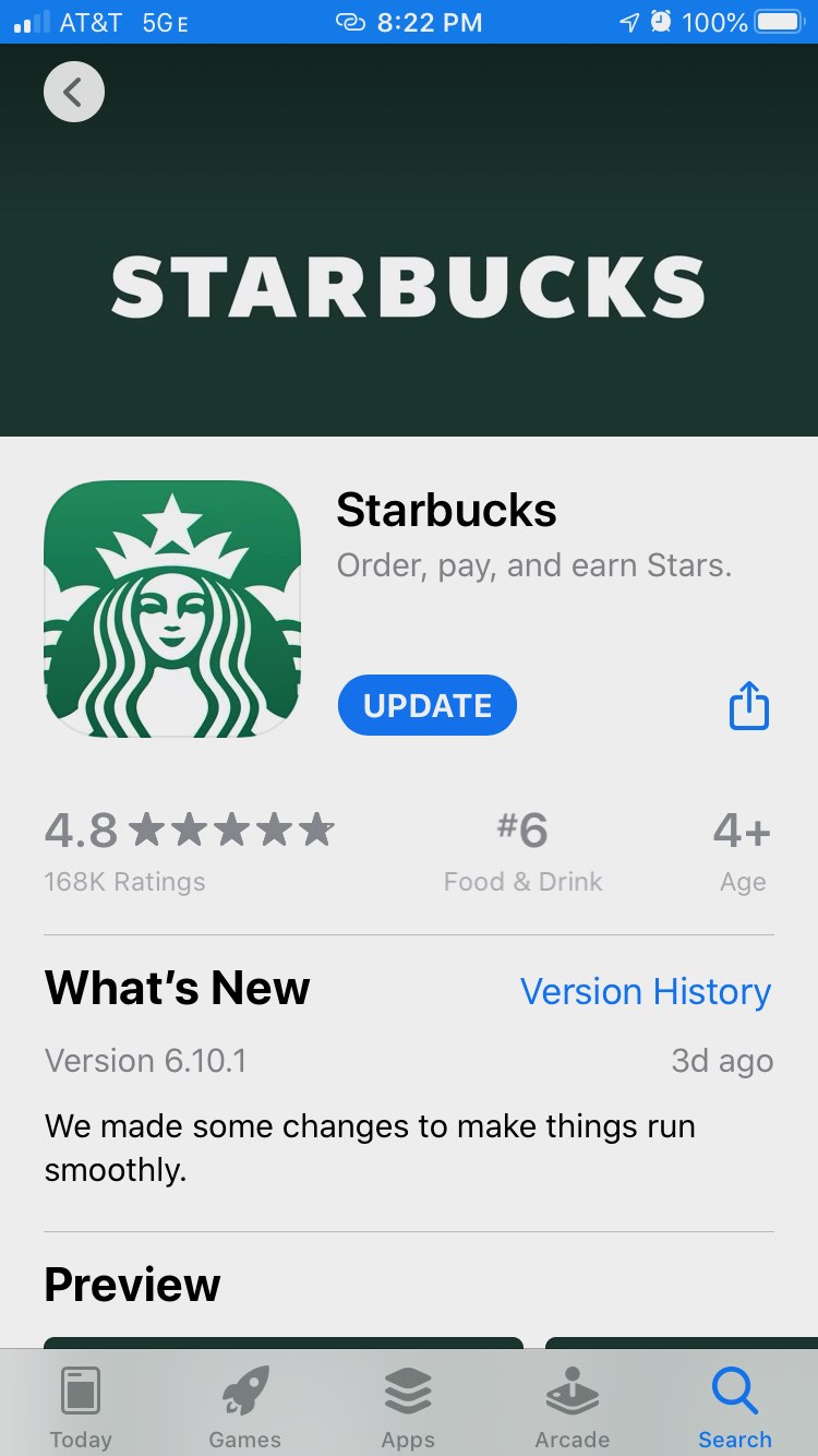 screenshot of app store, showing information on Starbucks app