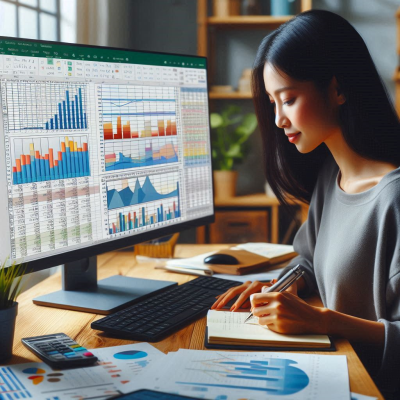 분석 중인 데이터를 확인하는 사람, 스프레드시트와 차트를 함께 봄