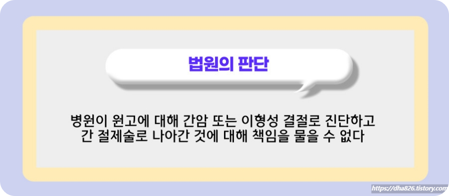 법원은 피고 병원이 이형성 결절&amp;#44; 간암 의심 진단 아에 간 절제술을 한 것에 대해서는 과실로 볼 수 없다고 판단했다