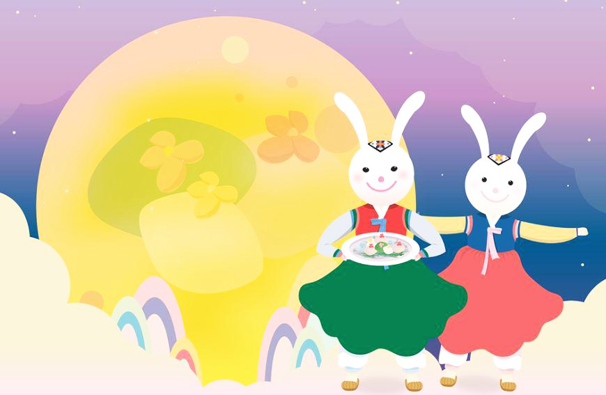 보름달 옆에 이쁜 한복을 입고 맛있는 음식을 들고 서있는 토끼들