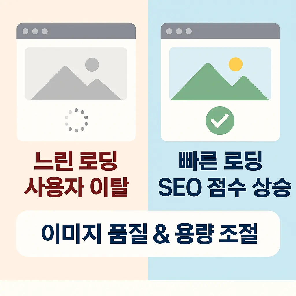 느린 이미지 로딩으로 사용자가 이탈하는 장면과 빠른 최적화 이미지로 SEO 점수가 상승하는 모습을 대비해 보여주는 시각 자료