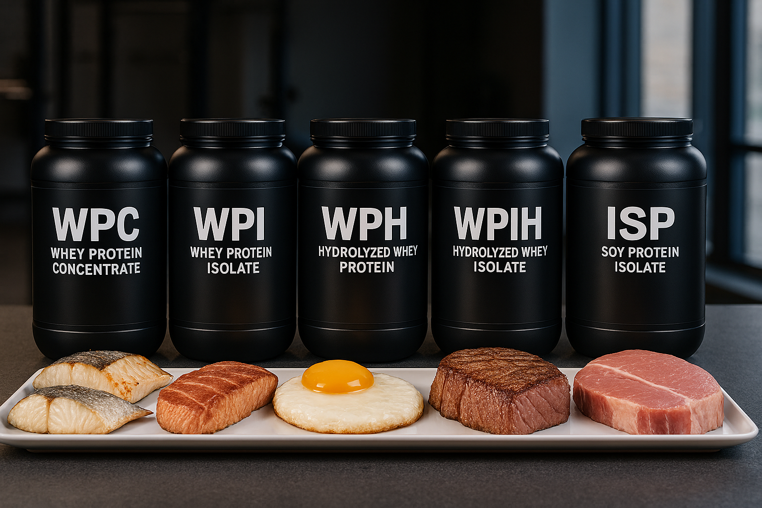 alt=&quot; WPC, WPI, WPH, WPIH, ISP 보충제와 단백질이 많은 음식인 대구, 틸라피아, 계란, 소고기, 돼지고기가 보기 좋게 플레이팅 되어있는 모습&quot;