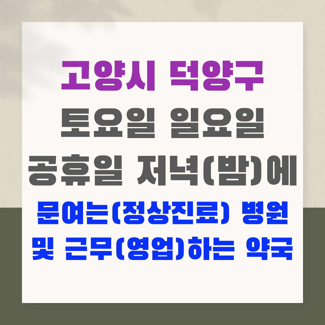 고양시 덕양구 토요일 일요일 공휴일 저녁(밤)에 문여는(정상진료) 병원 및 근무(영업)하는 약국