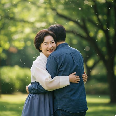 서로 포옹하는 중년 부부