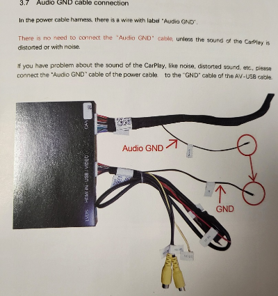 사운드에 문제가 있을 시 메인 하네스의Audio GND와 USB-AV케이블의 GND를 연결하세요