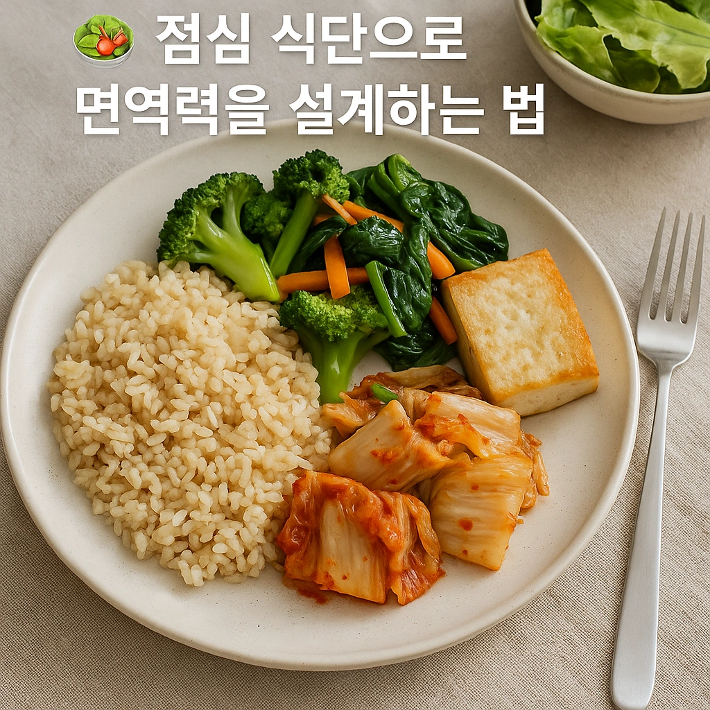 현미밥, 김치, 두부, 채소로 구성된 균형 잡힌 점심 식단 – 면역력을 높이는 건강한 식단 예시