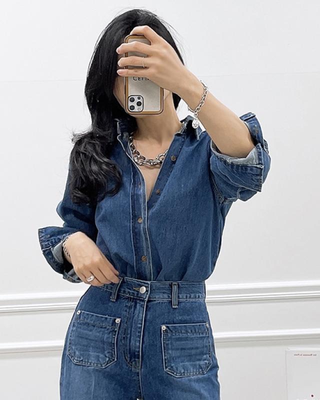 마들린데님셔츠 기본핏 진청 남방 봄나무