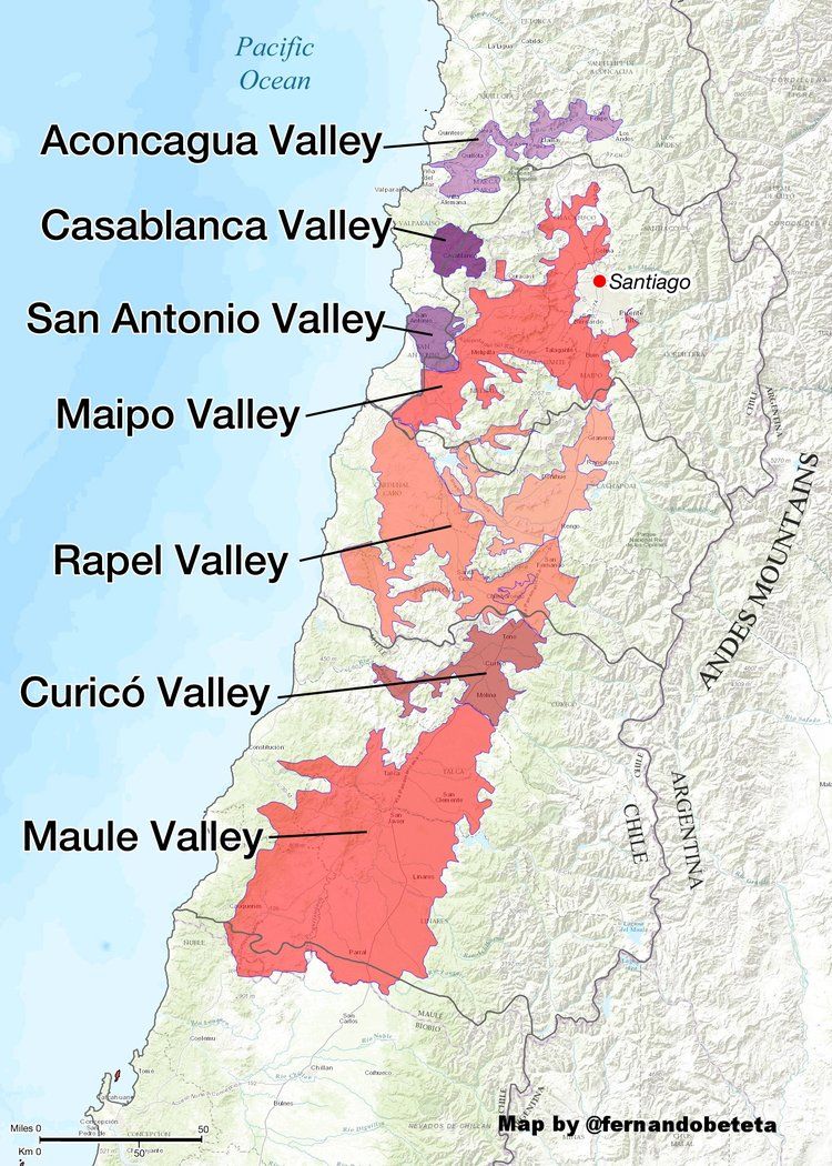 칠레 센트럴 밸리의 와인 지도