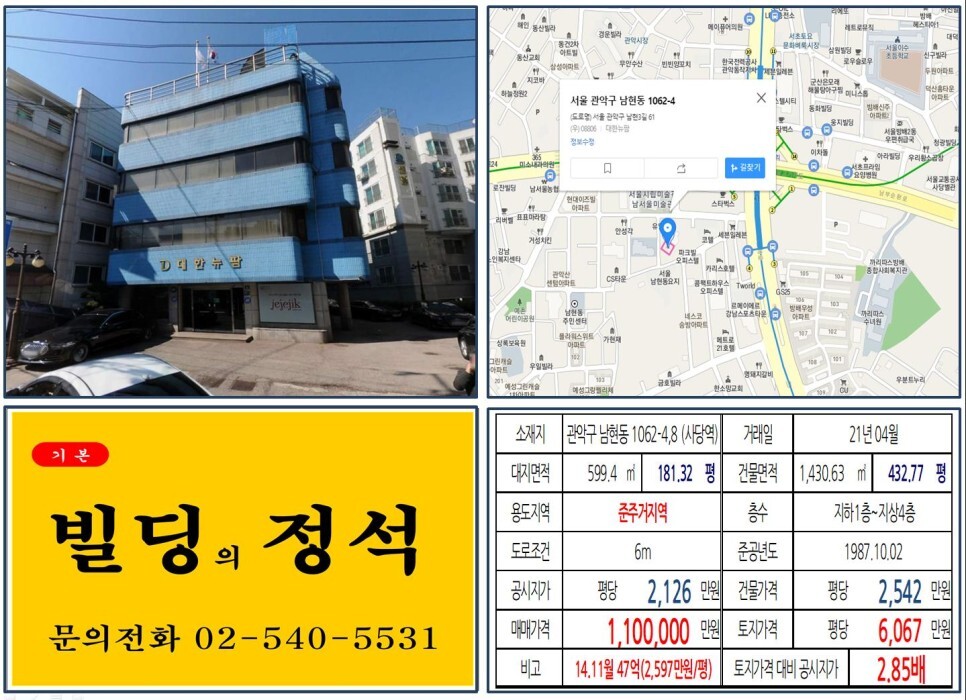  [관악구 사당역 복합환승센터 100억 꼬마빌딩 실거래가 조회] 남현동 1062-4,8 (사당역) 110억 원, 평당 6,067만 원 매매되었습니다. 준주거지역 꼬마빌딩