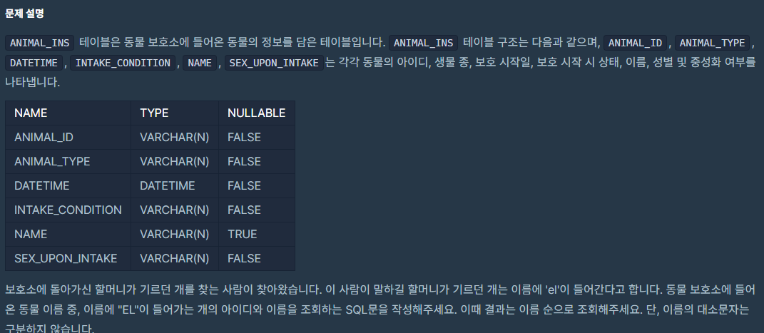  [프로그래머스] 이름에 el이 들어가는 동물 찾기