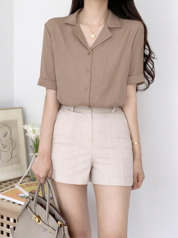 톤업 린넨 반팔 오픈 카라 여름 블라우스