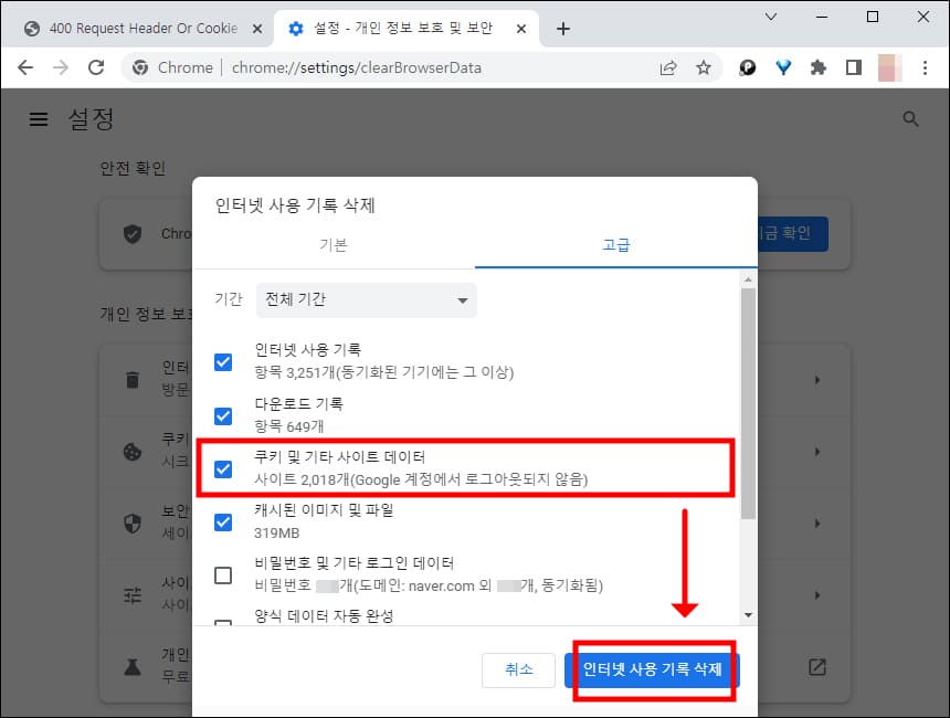 인터넷 사용 기록 삭제 옵션