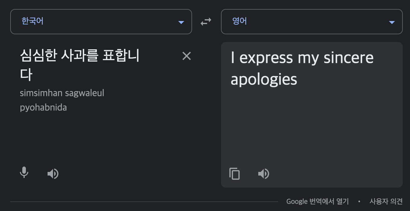 심심한 사과 - 구글번역 결과