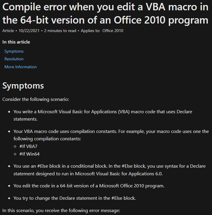Compile error when you edit a VBA macro in the 64-bit version of an Office 2010 program
