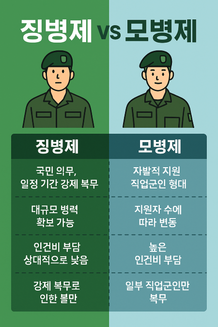 징병제와 모병제 비교 인포그래픽, 복무 방식·병력 확보·인건비 부담·복무 의지 항목별 차이점 설명, 국민 의무와 자발적 지원 대비 강조.