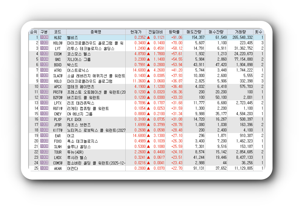  1월20일 미국주식 상승률 상위 종목 TOP 300