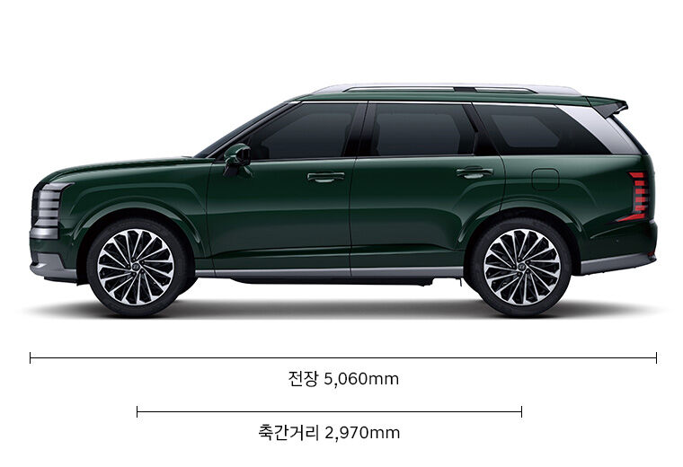 디올뉴 팰리세이드 제원 정보. 전장 5,060mm, 축간거리 2,970mm