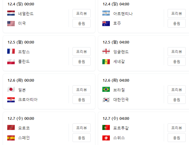  2022 카타르 월드컵 16강 대진표, 브라질 VS 대한민국 경기 시간