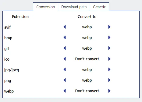 WebP Avif image Converter 설정 화면