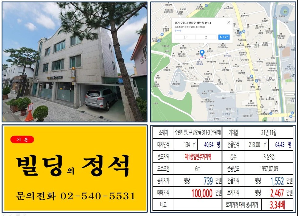  [수원시 팔달구 화성행궁 10억 꼬마빌딩 실거래가 조회] 장안동 311-3 (수원역) 10억 원, 평당 2,467만 원 매매되었습니다.