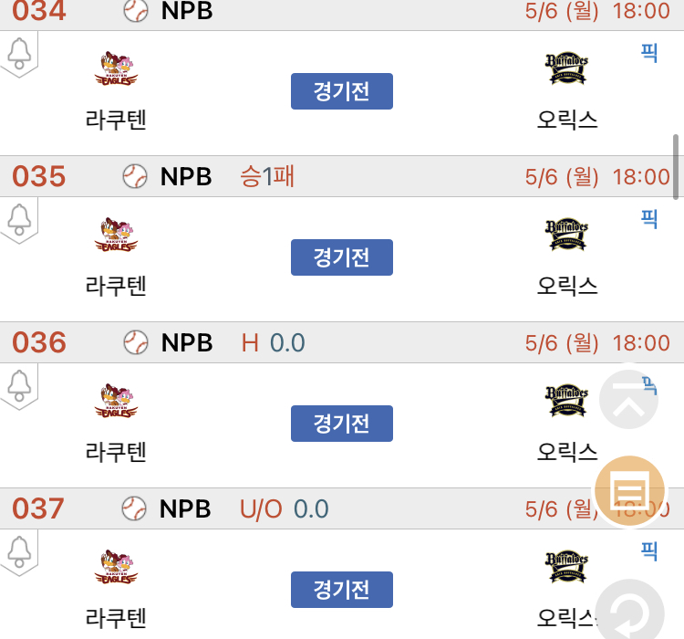 [진짜총판] 5월6일 라쿠텐 VS 오릭스 해외야구분석
