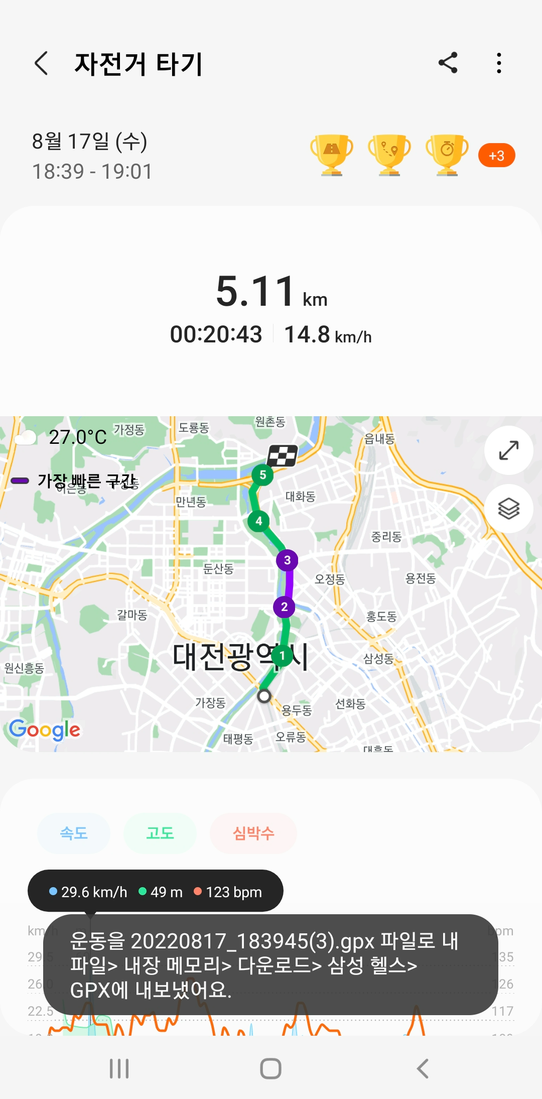 운동 기록 GPX 파일로 내보내기 완료
