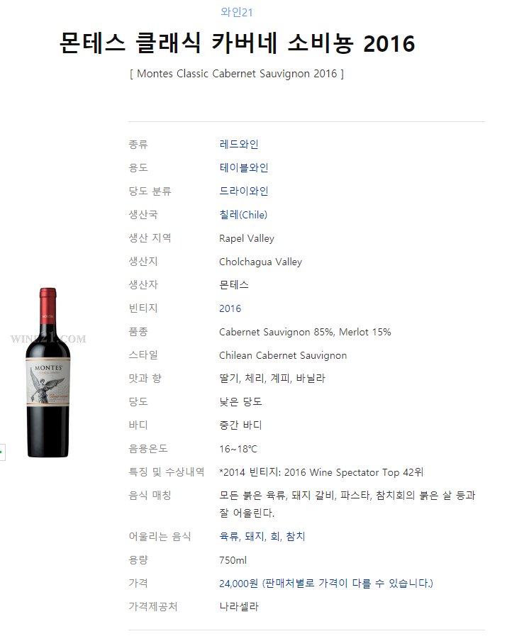  몬테스 클래식 카버네 소비뇽 2018