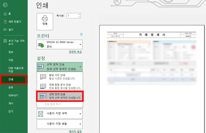 엑셀 인쇄 설정에서 선택 영역 인쇄를 선택한 모습