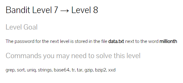  #6 Wargame bandit 4 (Level7 ~ Level9),파이프라인,grep,sort,uniq 명령어