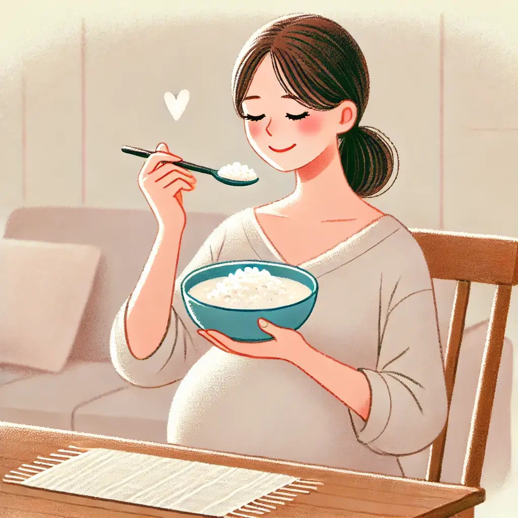 따뜻한 쌀죽을 먹으며 편안한 시간을 보내는 임산부