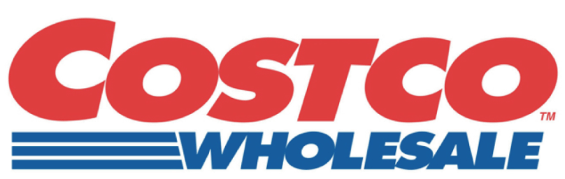 코스트코 홀세일의 로고, 빨간색 글씨로 COSTCO, 파란색 글씨로 WHOLESALE 이라 적혀있다.