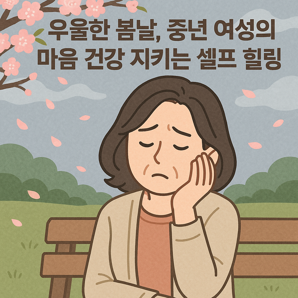 우울한 표정의 중년여성이 벤치에 앉아 있다