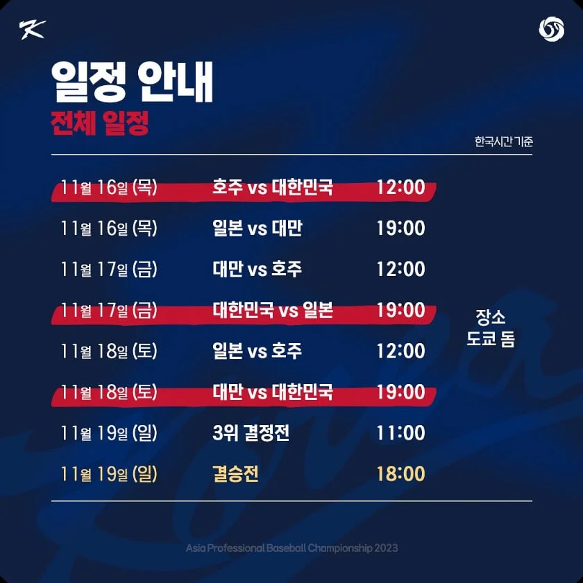 한국 일본전 한일전 경기 중계 방송 아시아 프로야구 챔피언십 2023 APBC