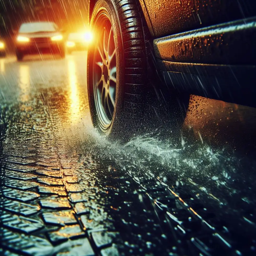비가 오는 도로에서 자동차가 가는 모습