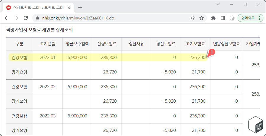 직장가입자 보험료 개인별 상세조회 &gt; 건강보험 산정보험료 확인