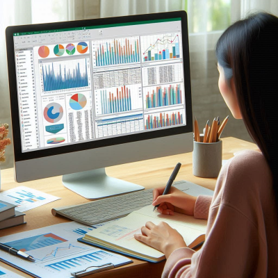 다양한 그래프와 차트를 분석하는 사무실의 모습입니다.