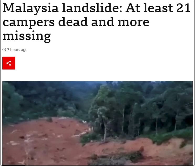  말레이시아 산사태로 최소 21명 사망 VIDEO: Malaysia landslide: At least 21 campers dead and more missing