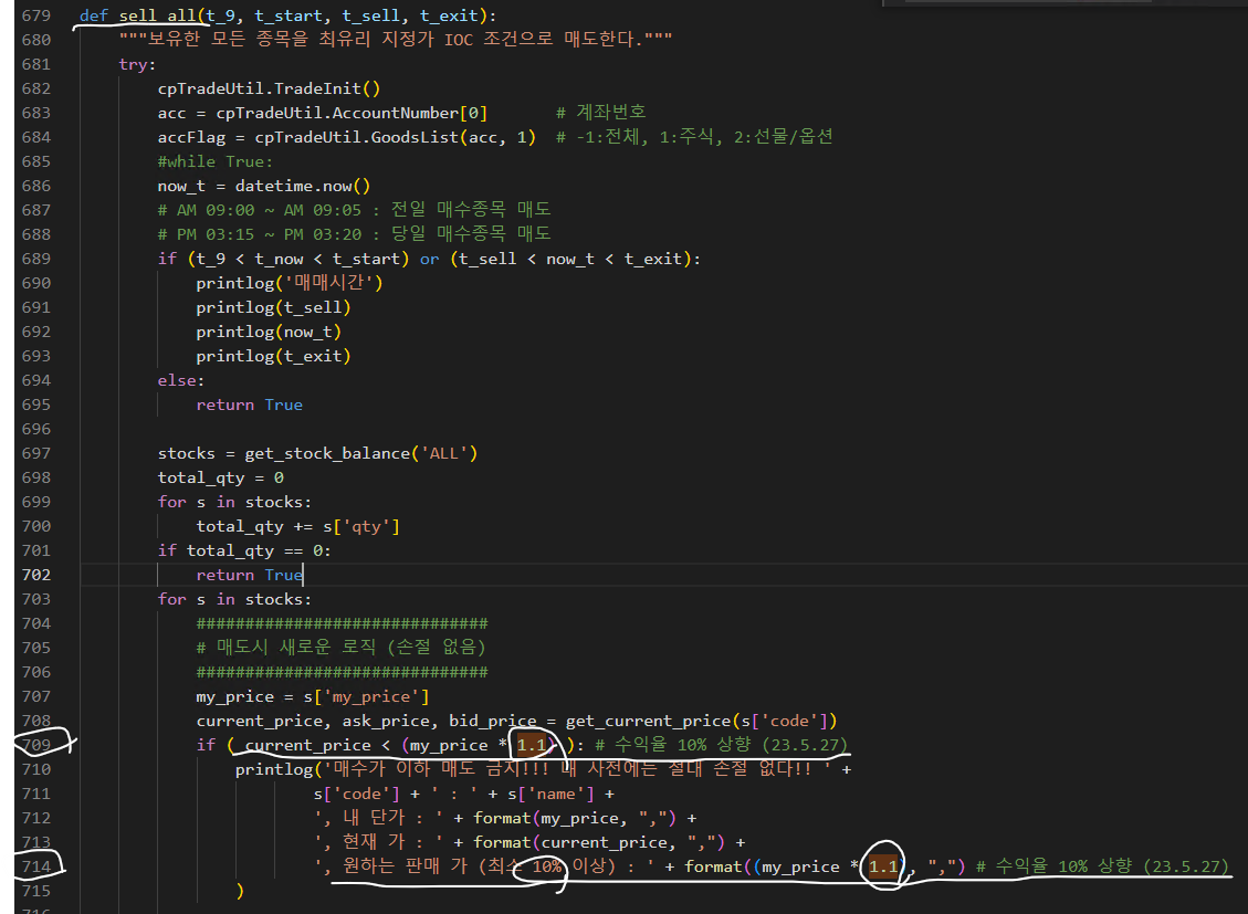 sell_all 함수에서 수익율 10% 로 상향