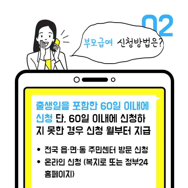 출생일을 포함한 60일 이내에 신청 단&#44;&nbsp;60일 이내에 신청하지 못한 경우 신청 월부터 지급

전국 읍&middot;면&middot;동 주민센터 방문 신청
온라인 신청 (복지로 또는 정부24홈페이지)
행복출산 원스톱 서비스