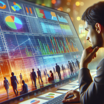 "복잡한 데이터 시트를 보고 있는 사람입니다."