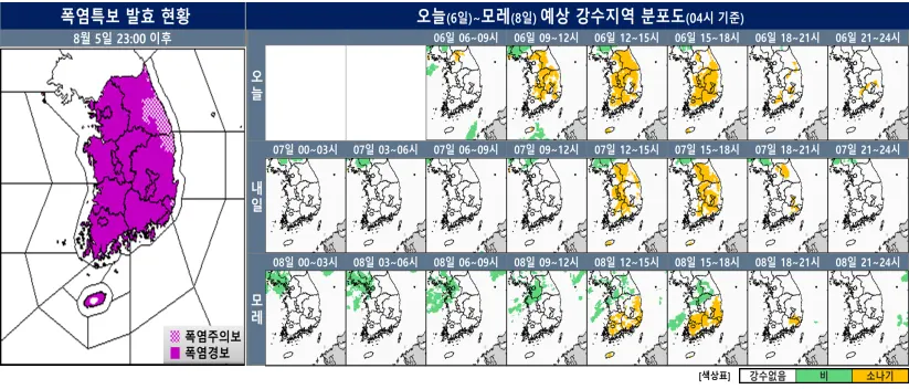 폭염특보 발효 현황과 오늘~모레 예상 강수지역 분포도