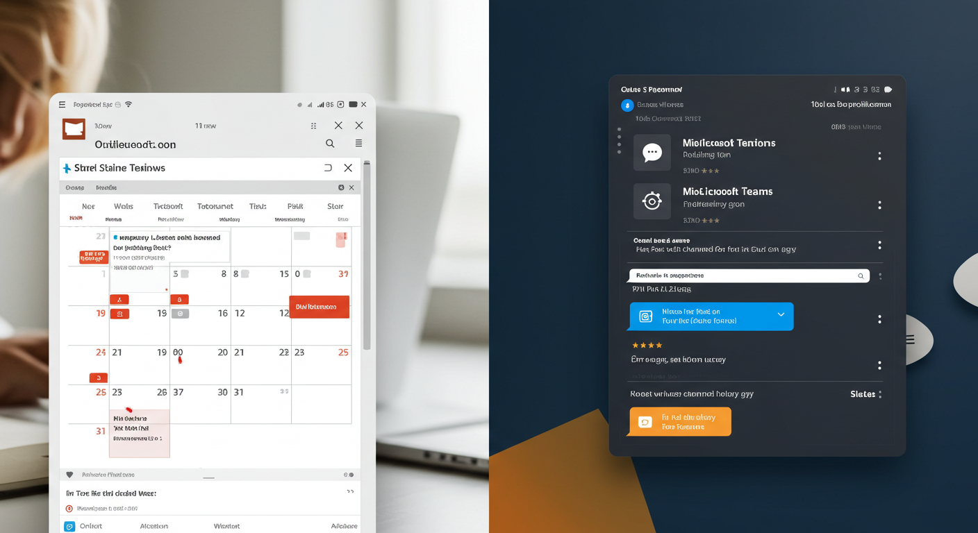 (Image Prompt: Split screen showing glimpses of common collaboration tools used in offices. Left: Microsoft Outlook interface showing flagged emails or calendar scheduling. Right: Microsoft Teams or Slack interface showing channels and chat messages. Style: Realistic app interface mockups.)