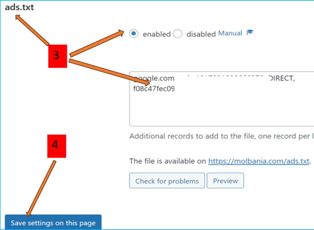 Ads txt 입력 화면